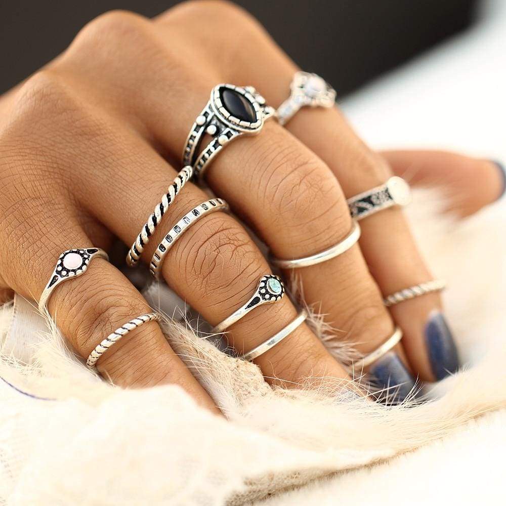 12PCS Vintage Women's Boho Crystal Flower Knuckle Ring Tibetan Turkish GD - Ultrabasic