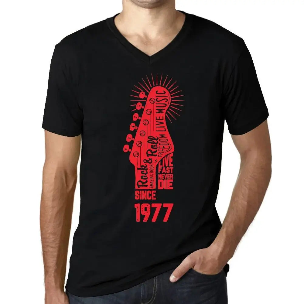 Men's Graphic T-Shirt V Neck Live Fast, Never Die Guitar and Rock & Roll Since 1977 47th Birthday Anniversary 47 Year Old Gift 1977 Vintage Eco-Friendly Short Sleeve Novelty Tee