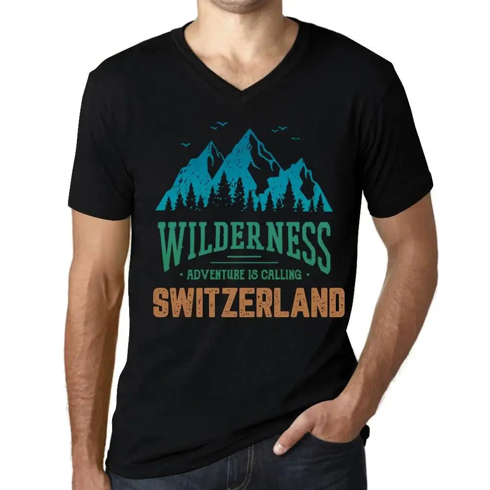 Men's Graphic T-Shirt V Neck Wilderness, Adventure Is Calling Switzerland Eco-Friendly Limited Edition Short Sleeve Tee-Shirt Vintage Birthday Gift Novelty