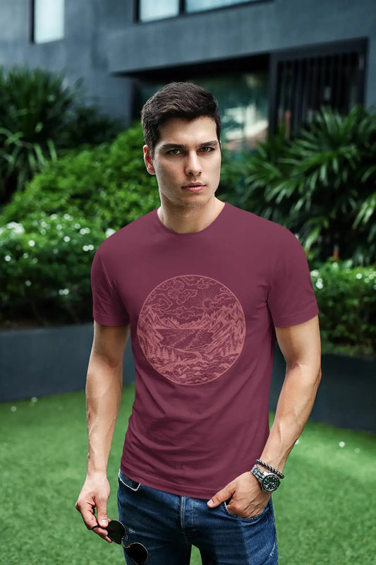 ULTRABASIC - Graphic Printed Men's River Mountain and Forest T-Shirt Burgundy