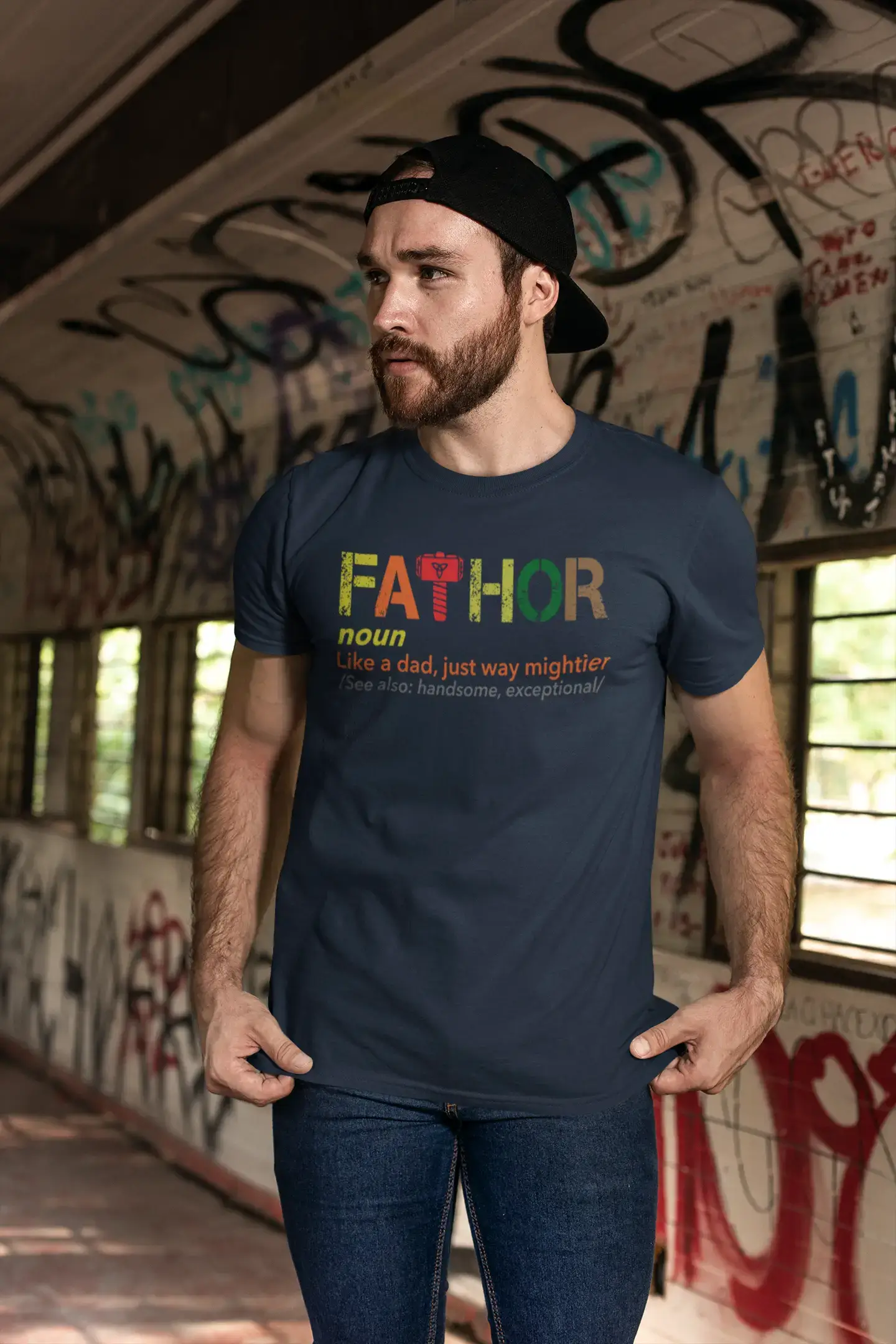 ULTRABASIC - Graphic Men's Fa-Thor Like Dad Just Way Mightier Shirt Printed Letters Deep Black