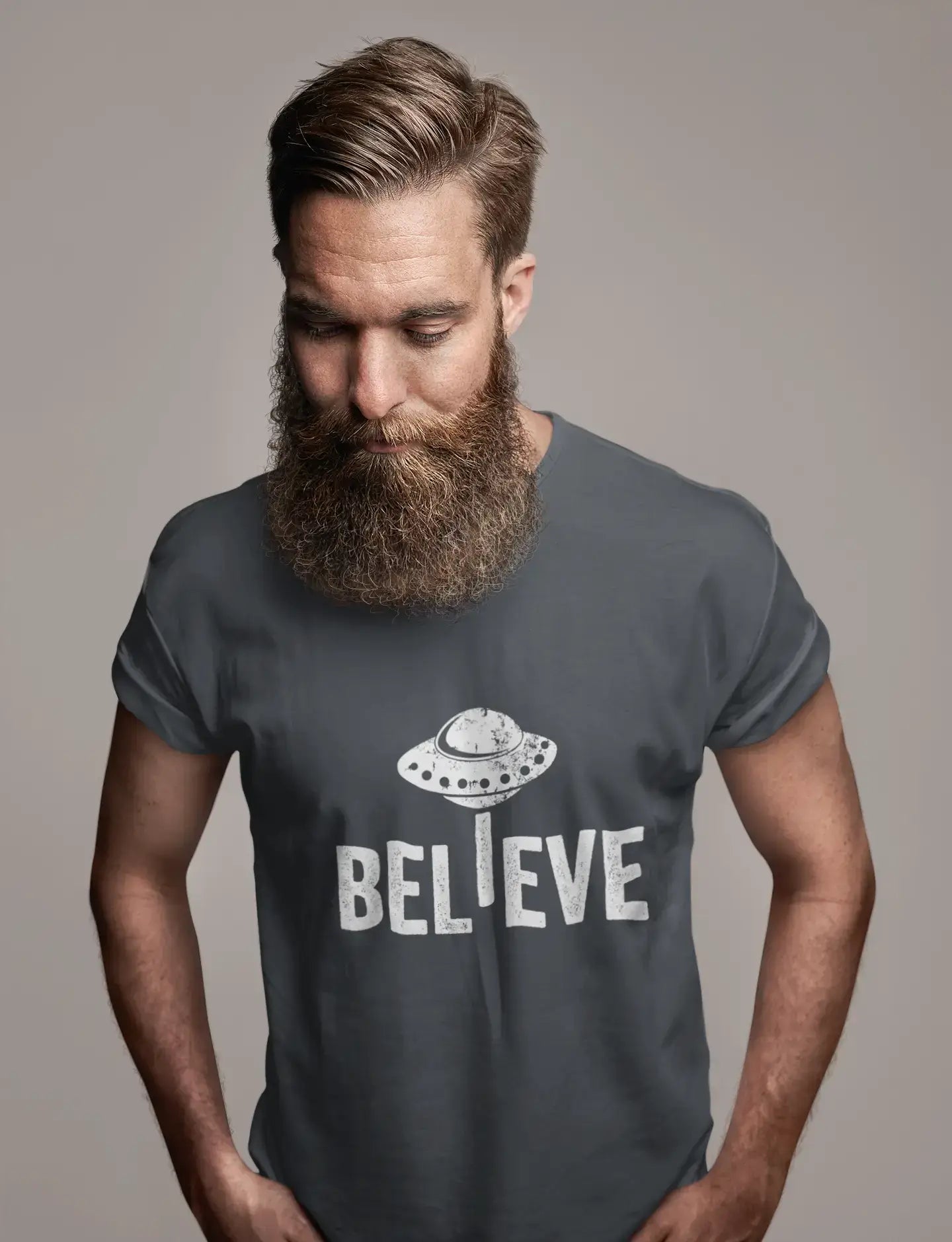 ULTRABASIC - Graphic Men's Believe UFO Alien T-Shirt Funny Casual Letter Print Tee Mouse Grey