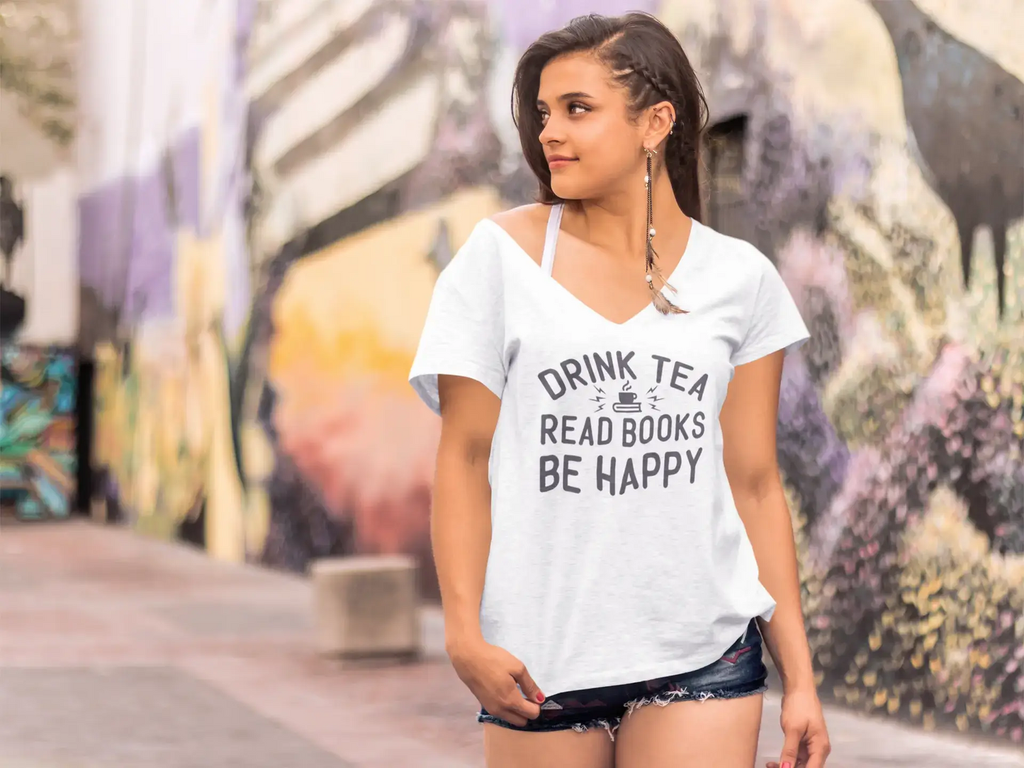 ULTRABASIC Women's T-Shirt Drink Tea Read Books be Happy - Short Sleeve Tee Shirt Tops