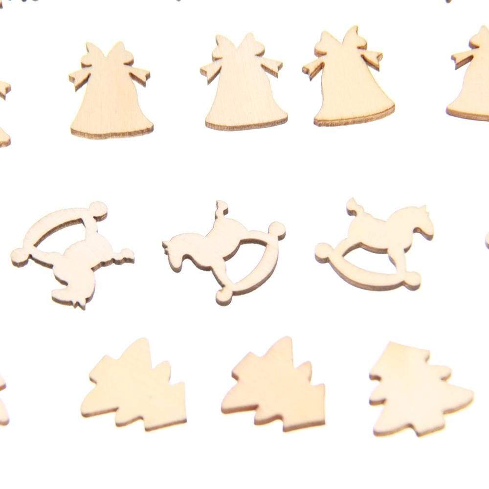 30Pcs 5 Patterns Designs 20mm Natural Wood Christmas Ornaments Reindeer Tree Snow Flakes Rocking Horse Bell for Xmas Decor - Ultrabasic
