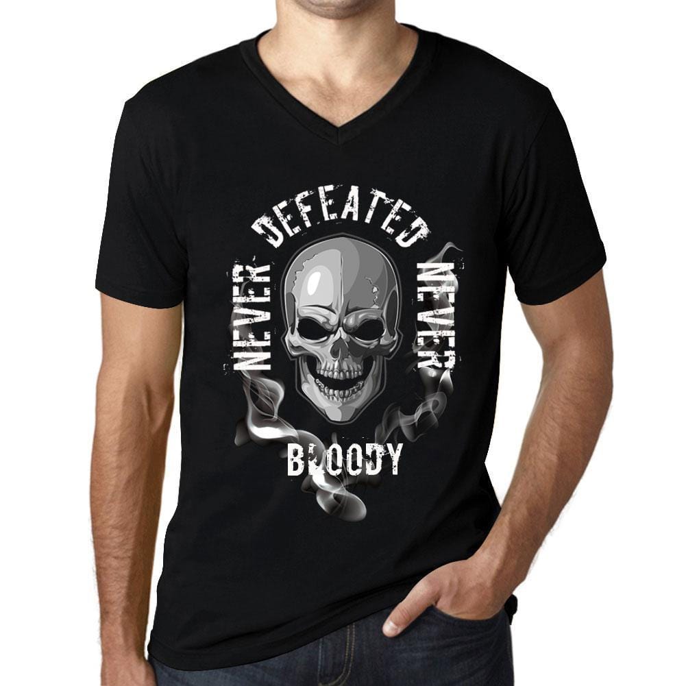 Men&rsquo;s Graphic V-Neck T-Shirt Never Defeated, Never BLOODY Deep Black - Ultrabasic