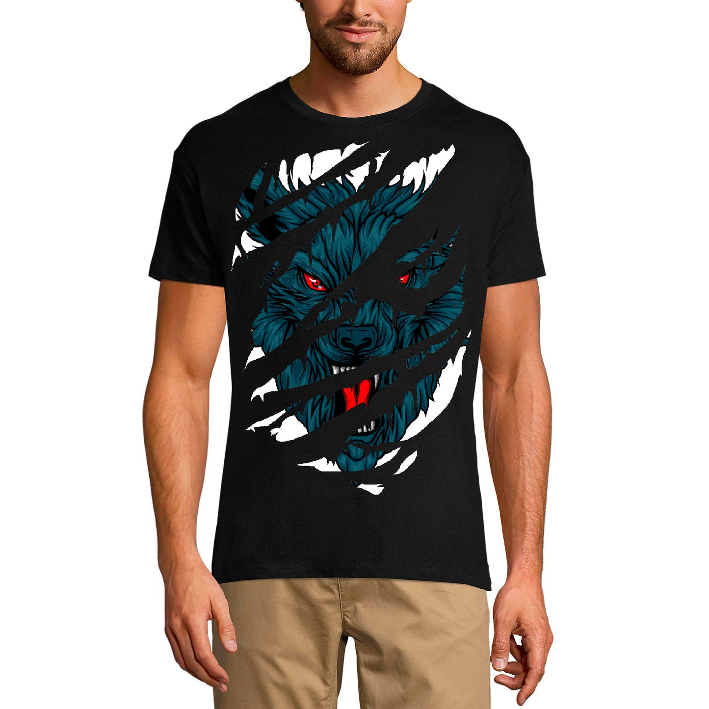 ULTRABASIC Men's Torn T-Shirt Angry Wolf - Red Eyes - Short Sleeve Shirt