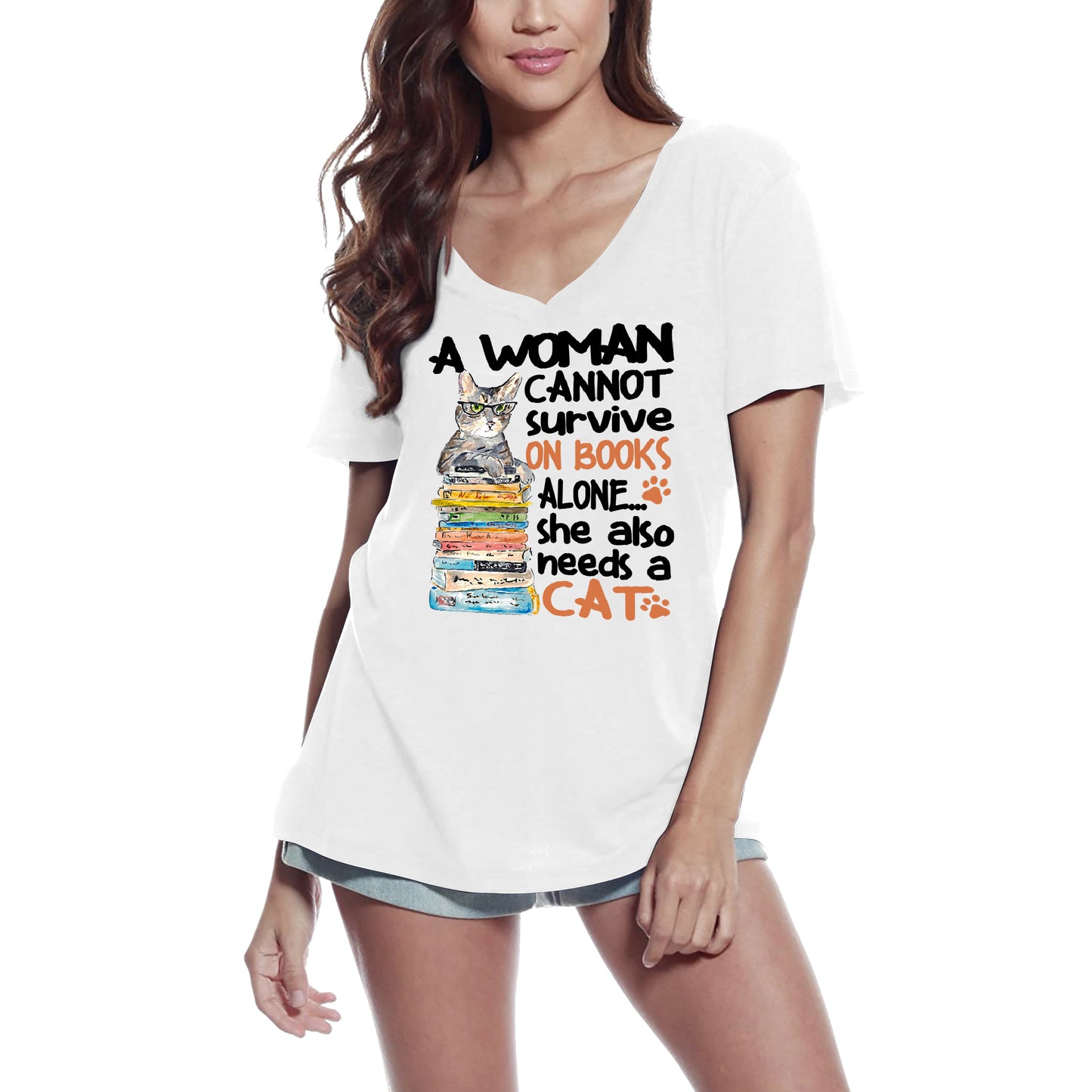 ULTRABASIC Women's T-Shirt A Woman Can Not Survive on Books Alone She Needs Cats - Funny Kitten Shirt for Cat Lovers