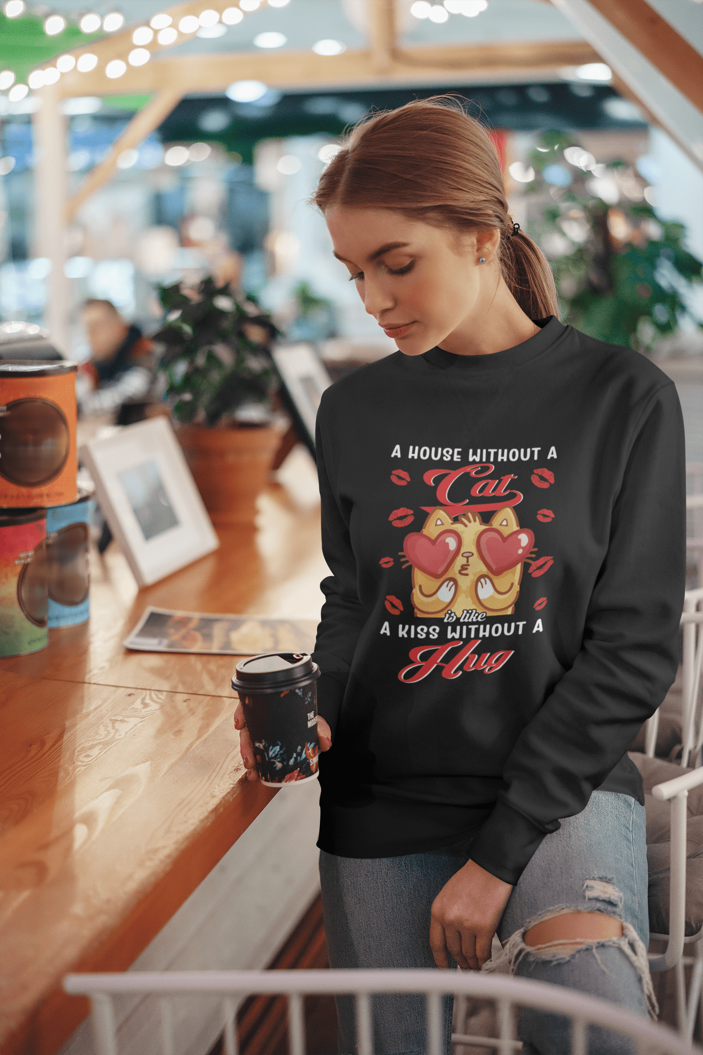 ULTRABASIC Women's Sweatshirt House Without Cat Is Like Kiss Without Hug - Funny Kitten Lovers Sweater