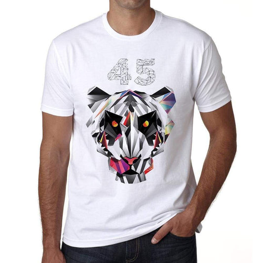 Geometric Tiger Number 45 White Mens Short Sleeve Round Neck T-Shirt 00282 - White / S - Casual