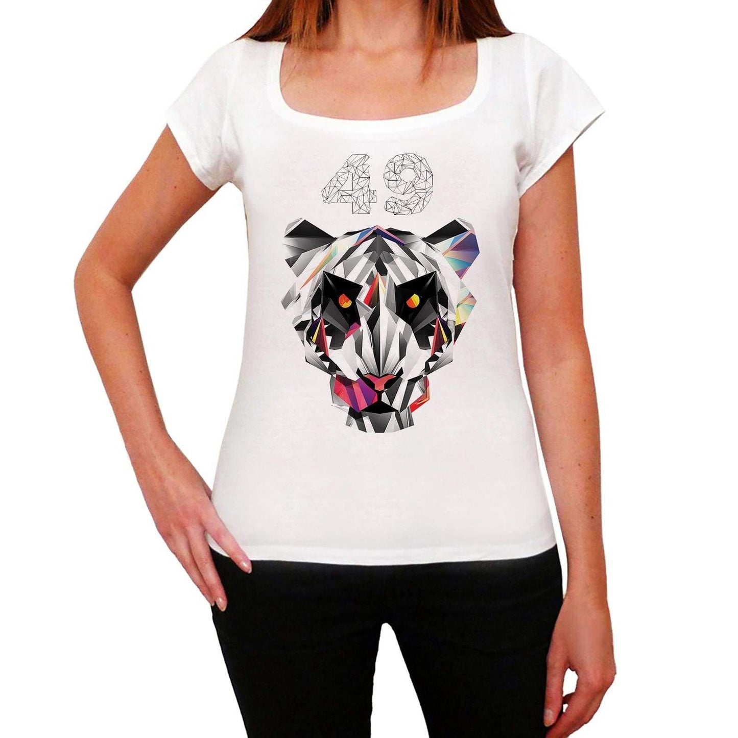 Geometric Tiger Number 49 White Womens Short Sleeve Round Neck T-Shirt 00283 - White / Xs - Casual