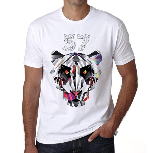 Geometric Tiger Number 57 White Mens Short Sleeve Round Neck T-Shirt 00282 - White / S - Casual