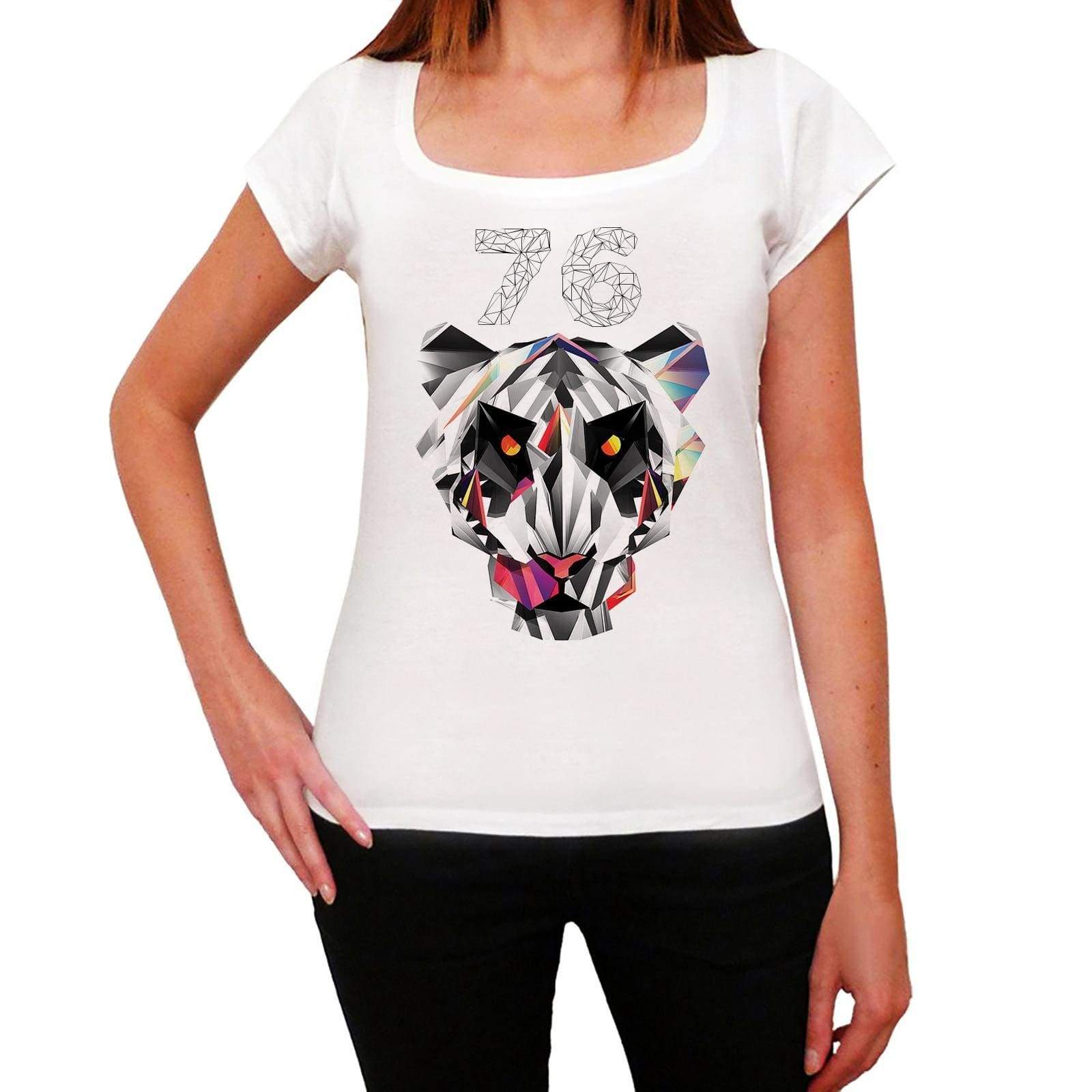 Geometric Tiger Number 76 White Womens Short Sleeve Round Neck T-Shirt 00283 - White / Xs - Casual