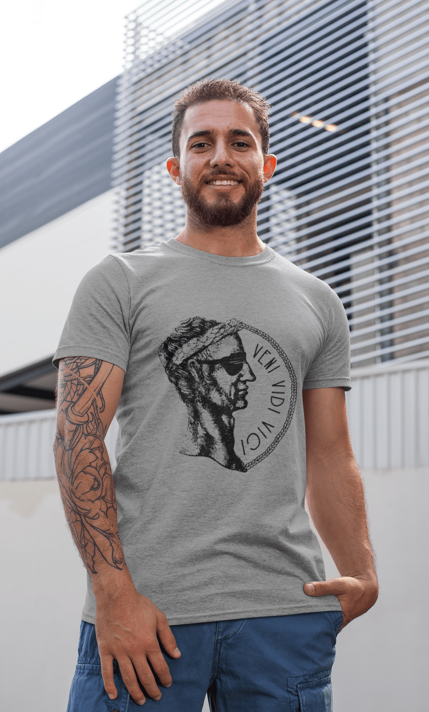 ULTRABASIC - Graphic Men's Veni Vidi Vici T-Shirt Printed Letters Grey Marl