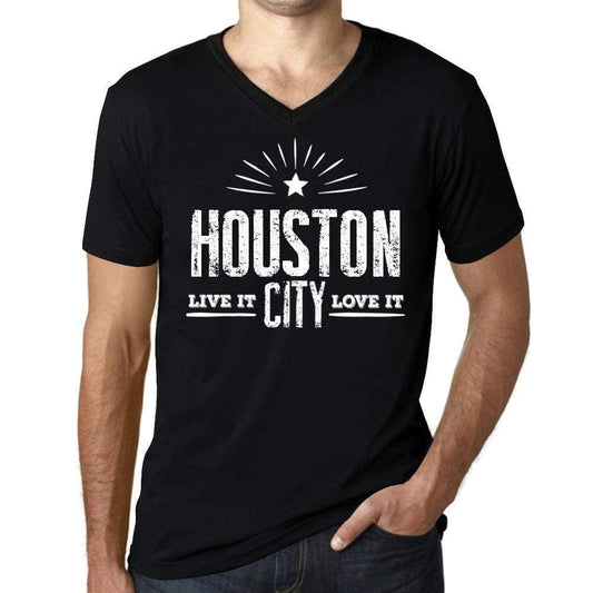 Mens Vintage Tee Shirt Graphic V-Neck T Shirt Live It Love It Houston Deep Black - Black / S / Cotton - T-Shirt