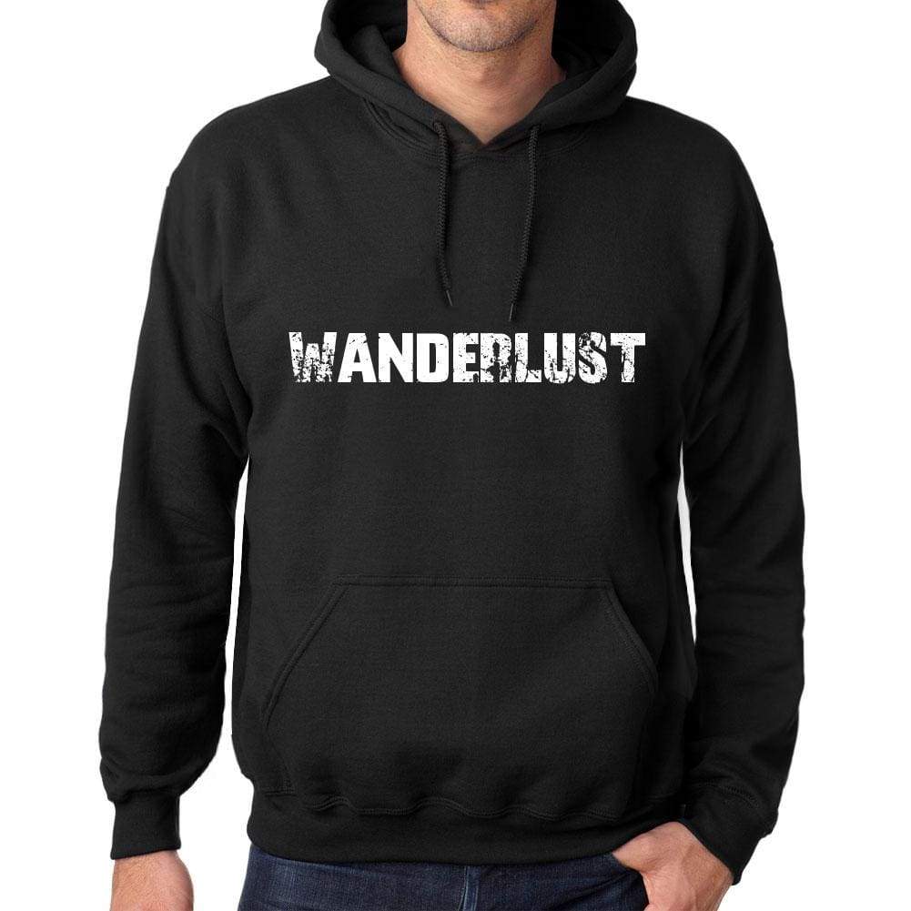 Mens Womens Unisex Printed Graphic Cotton Hoodie Soft Heavyweight Hooded Sweatshirt Pullover Popular Words Wanderlust Deep Black - Black /