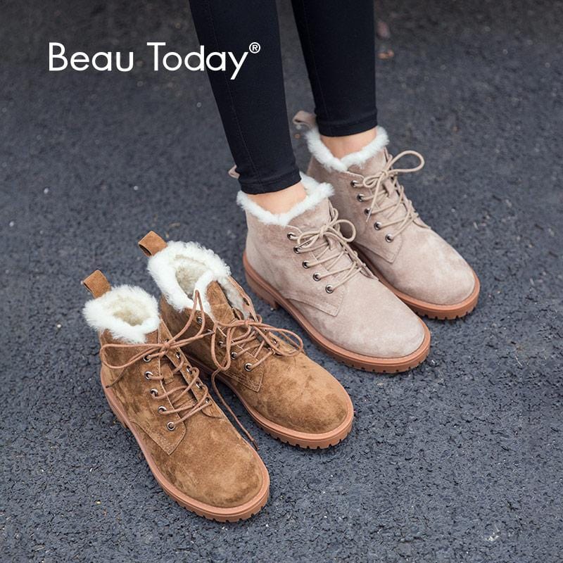 BeauToday Wool Snow Boots Women Genuine Leather Round Toe Lace-Up Platform Winter Ladies Ankle Length Shoes Handmade 03281