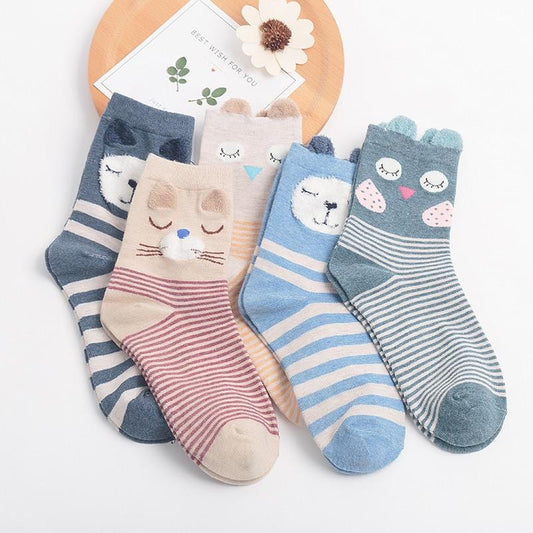 5Pairs 2019 New Autumn Women Cotton Socks In tube Animal Ear Cute Socks Fox Bear Soft Cartoon Socks Girl