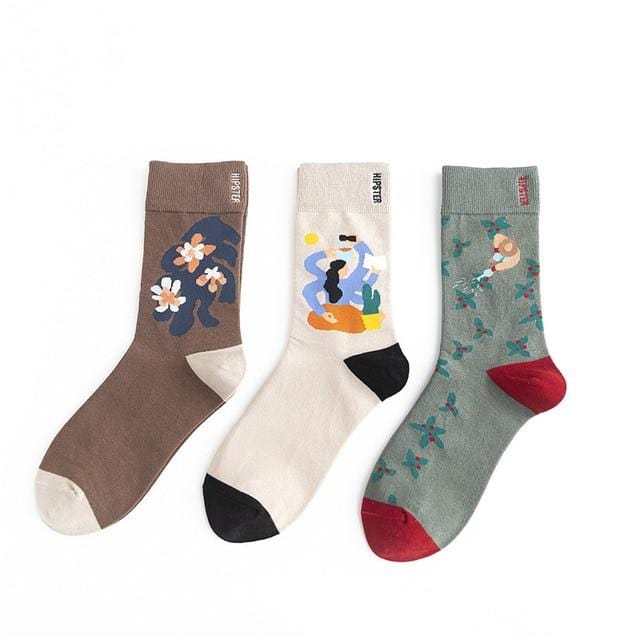 3 Pairs/lot Winter Retro Women Van Gogh Modern Oil Paint Cotton Mural World Famous Socks Art Abstract Happy Funny Women Socks