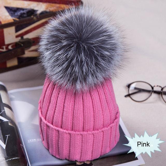 Hot Sale Winter Women Pom Pom Beanies Warm Knitted Bobble Girl Fur Pompom Hats Real Raccoon Fur Pompon Casual Hat Cap