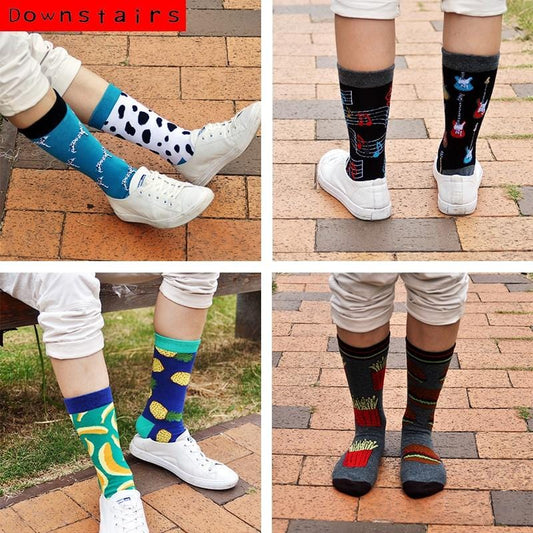Downstairs AB Matching Socks Unisex Different Design Combinations Funny Cotton Long Women Men Happy Calcetines Gifts for Lovers