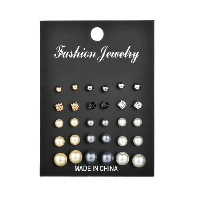 MissCyCy 25 Style Heart Flowers Infinite Symbol Stud Earrings Set 2019 New Rhinestone imitation Pearl Earrings For Women Gift