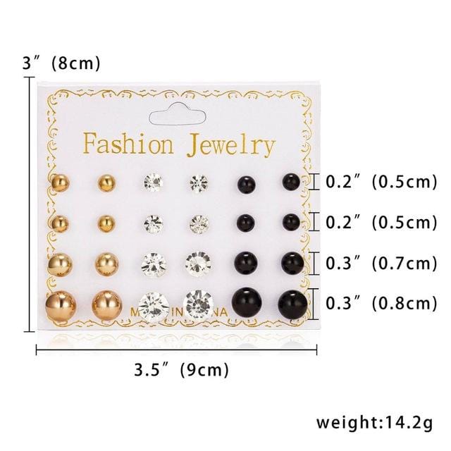 12 Pairs/set Stud Earrings Set With Card Transparent Zircon Balls Love Flowers Earrings Women Imulated Pearl Earrings Jewelry