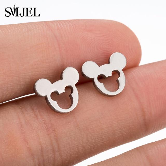 SMJEL Stainless Steel Mickey Stud Earrings for Women Girls Minimalist Fox Cat Hedgehog Earings Jewelry Animal Accessories Gifts