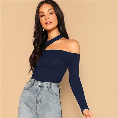 SHEIN Asymmetric Cutout Neck Ribbed T-shirt 2019 Women Elegant Spring Plain Long Sleeve Slim Fit Party Tee and Tops