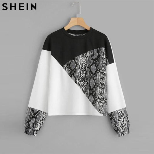 SHEIN Color Block Snake Skin Sweatshirt Preppy Round Neck Long Sleeve Pullovers Women Autumn Multicolor Sweatshirts