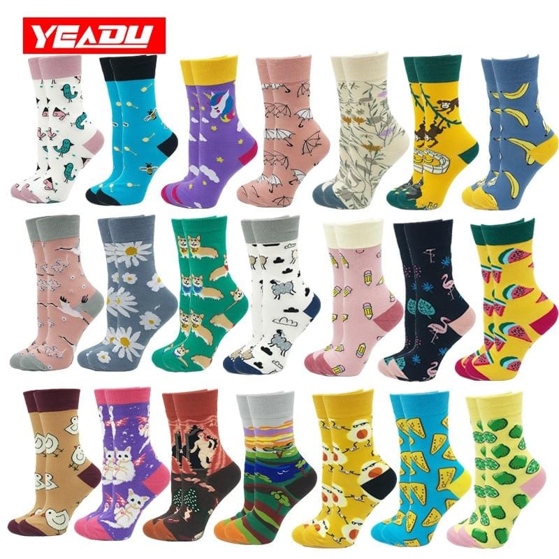 Yeadu New Harajuku Cotton Women's Socks Cute Soft Novelty Kawaii Funny Dog Cat Watermelon Bee Flamingo Sock for Girl Gift