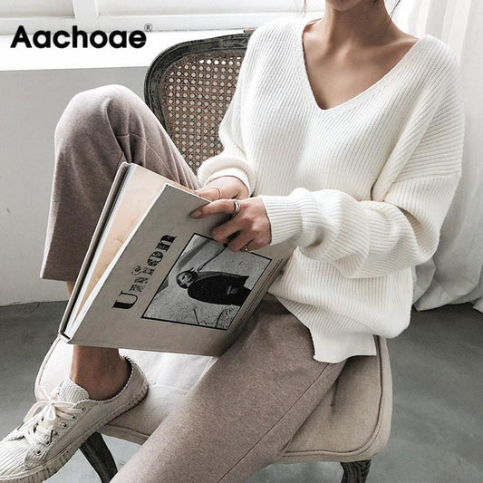 Womens Sweaters 2020 Autumn Winter Casual V Neck Women Pullover Sweater Solid Long Sleeve Fashion Loose Knitted Cashmere Top