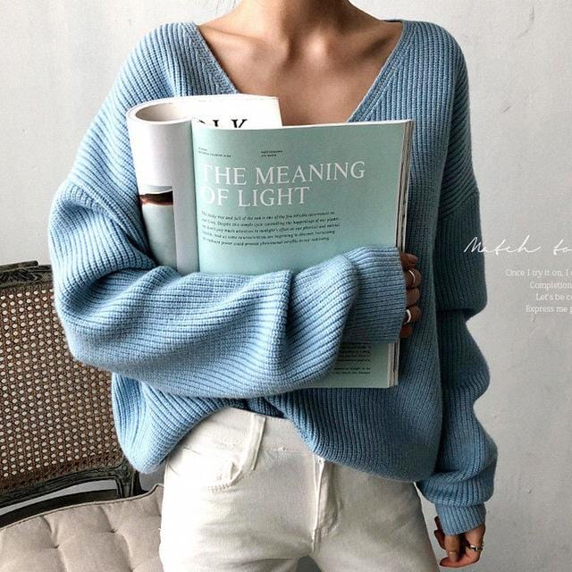 Womens Sweaters 2020 Autumn Winter Casual V Neck Women Pullover Sweater Solid Long Sleeve Fashion Loose Knitted Cashmere Top