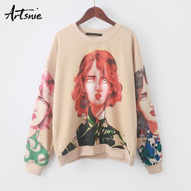 Artsnie streetwear character print women sweatshirt spring 2019 o neck long sleeve pullover knitted oversized hoodie sweatshirts