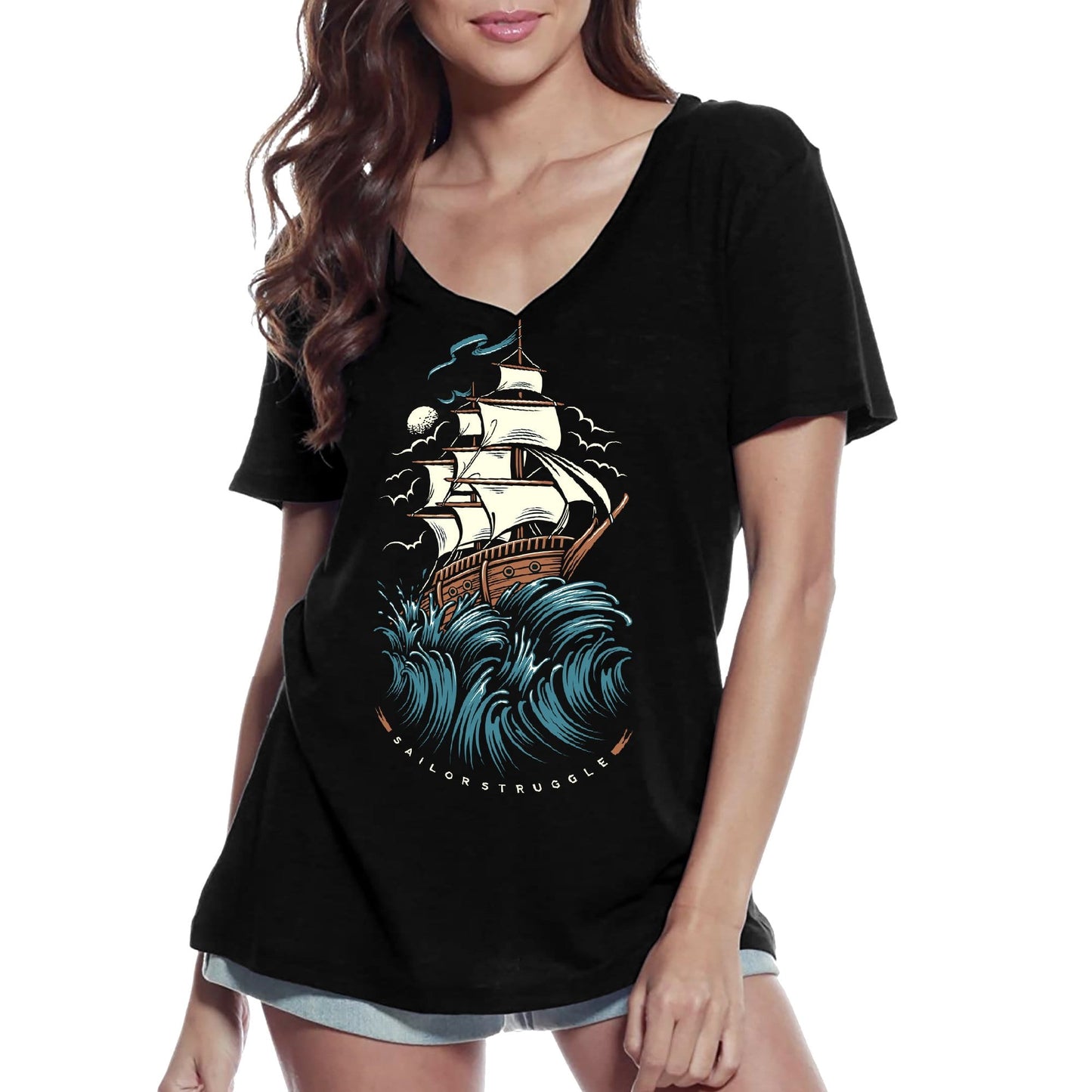 ULTRABASIC Women's V-Neck T-Shirt Sailors Struggle - Short Sleeve Tee shirt