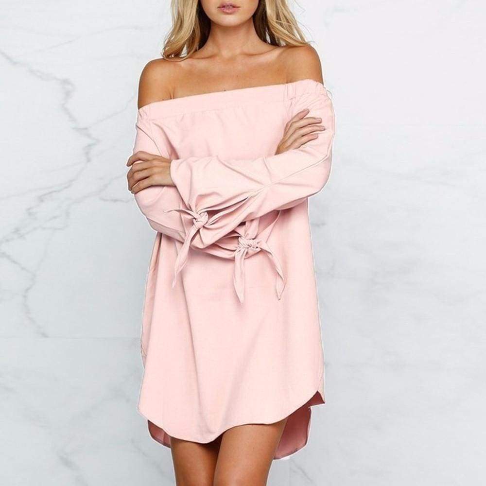 Summer Women Sexy Off-Shoulder Long Sleeve Casual Loose Mini Dress - Pink / L