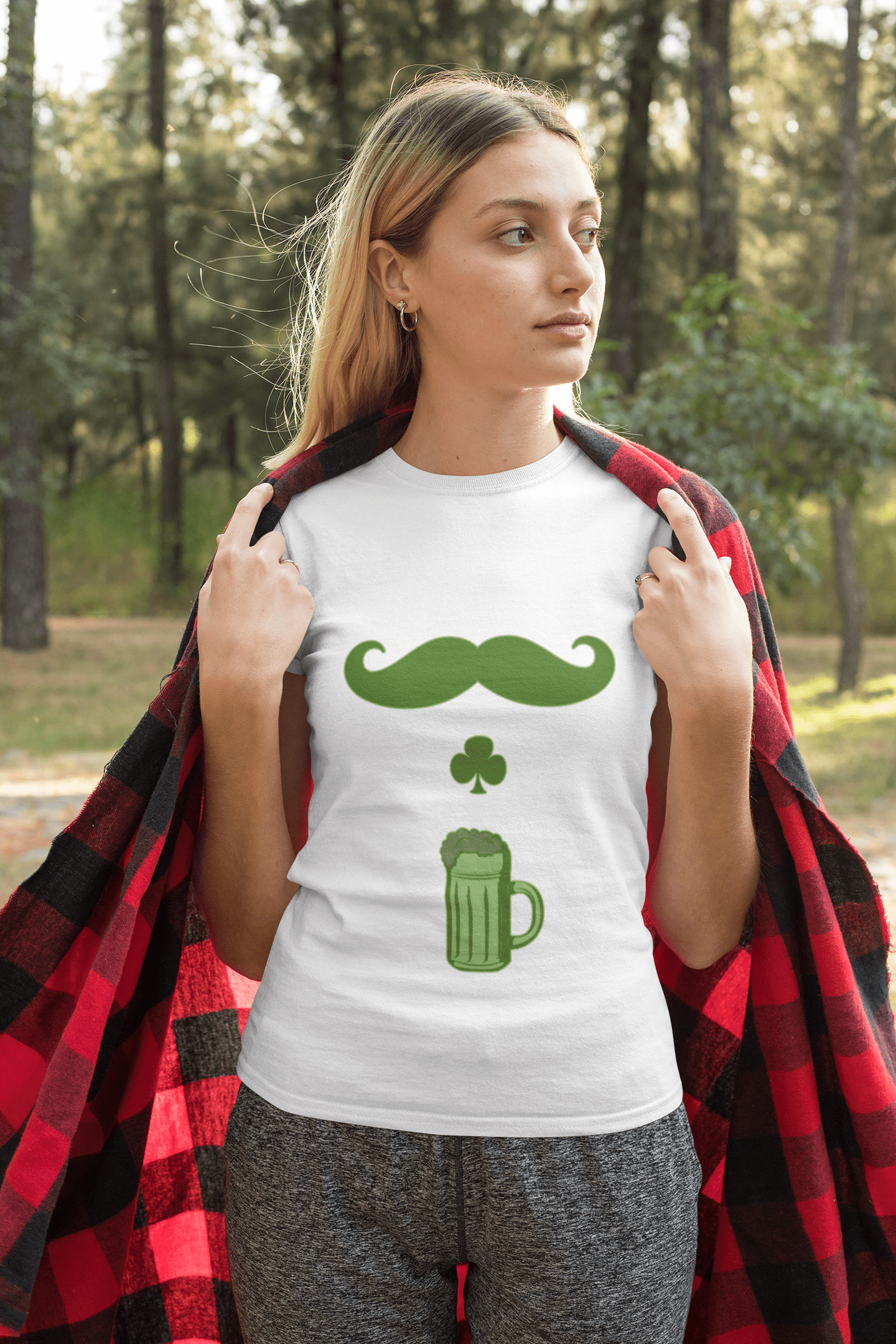 Saint Patrick's Mustache Shamrock and Beer, T-Shirt for women,t shirt gift Round Neck 00151