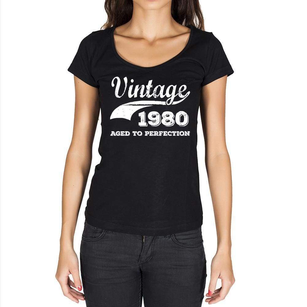 Vintage Aged To Perfection 1980 Black Womens Short Sleeve Round Neck T-Shirt Gift T-Shirt 00345 - Black / Xs - Casual
